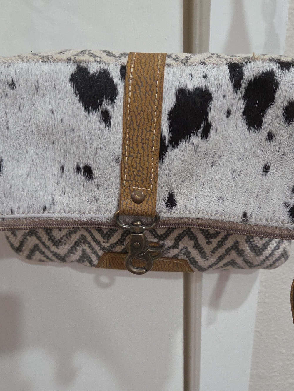 Cowhide-Texture Wristlet Clutch with Tan Strap